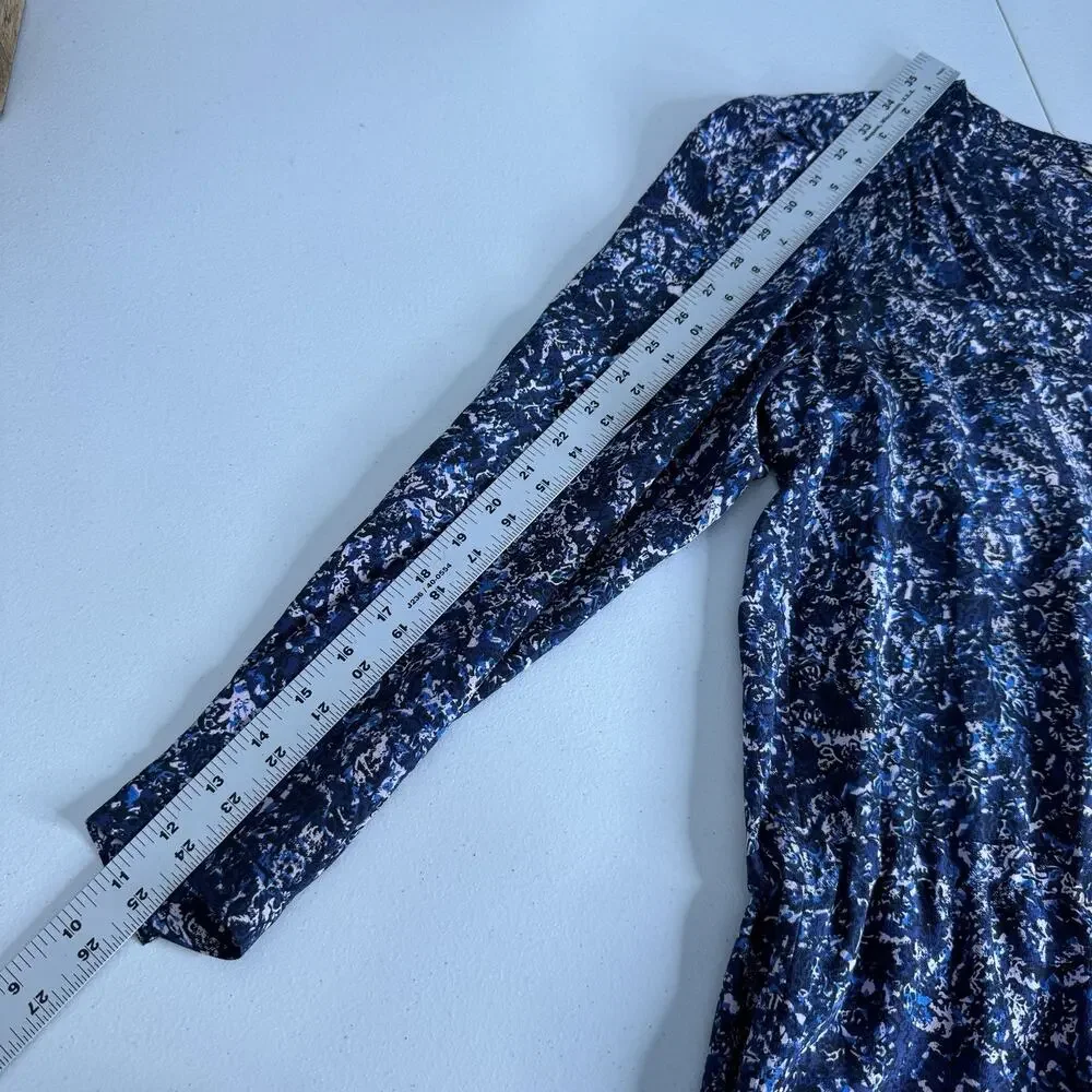 Rebecca Taylor 100% Silk Dress Womens 2 Blue Printed Cinched Tassel Puff‎ Sleeve